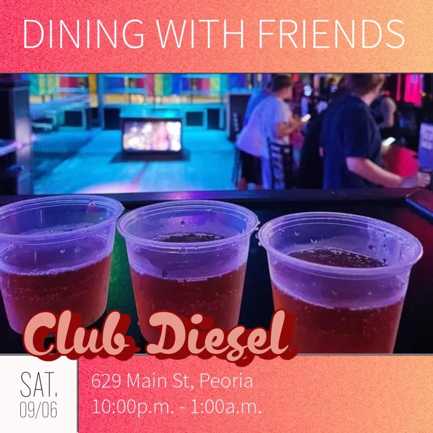 A flyer with a photo of drinks at Club Diesel