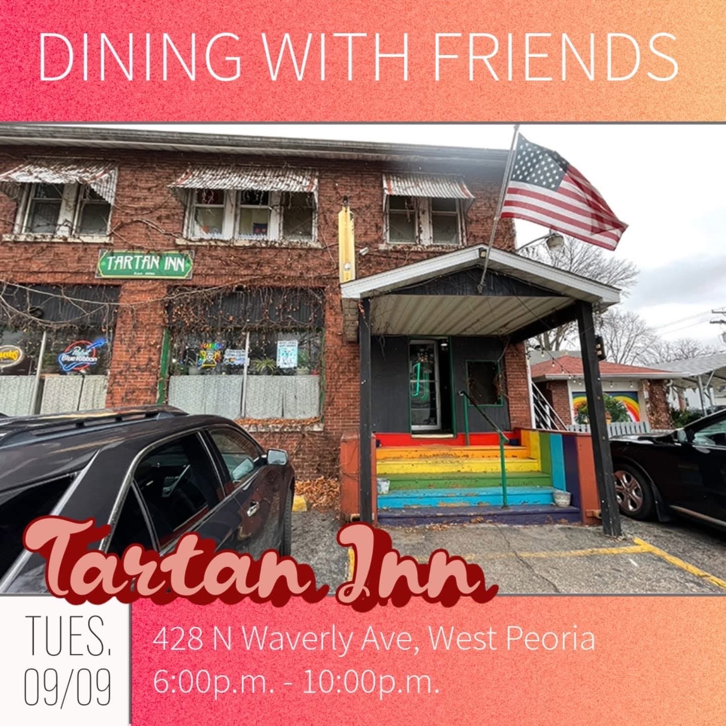 A flyer with a photo of rainbow-colored stairs leading to Tartan Inn