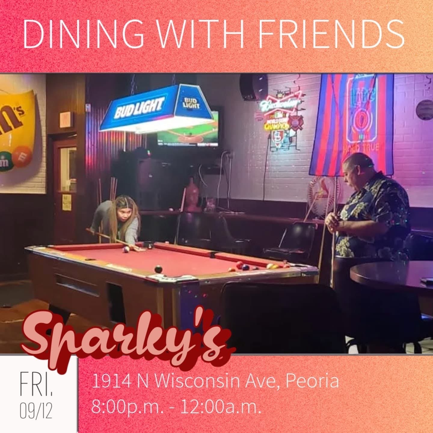 A flyer with a photo of two people playing pool inside Sparky's
