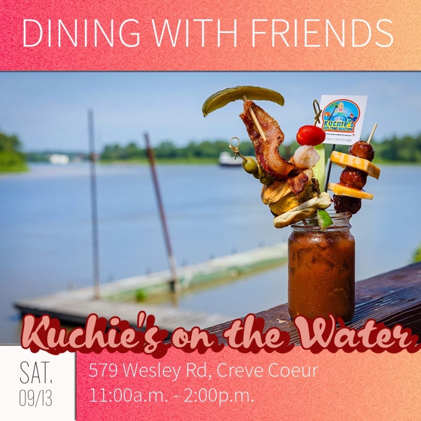 A flyer with a photo of a fancy drink, looking out over the river