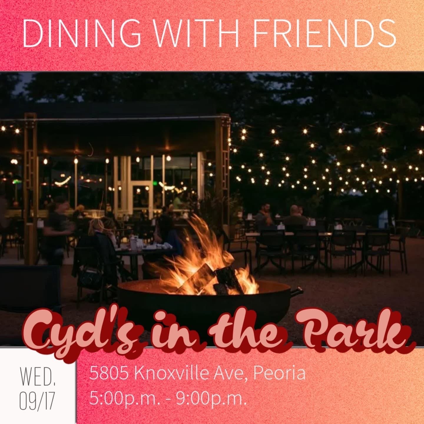 A flyer with a photo of a campfire after dark