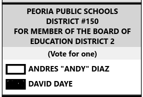 A picture of a sample ballot, showing David Daye checked for Peoria Public Schools District 2.