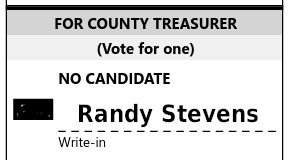 A picture of a sample ballot, showing Randy Stevens written in for County Treasurer. The box next to the line is checked.