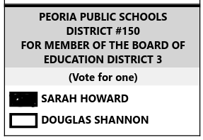 A picture of a sample ballot, showing Sarah Howard checked for Peoria Public Schools District 3.