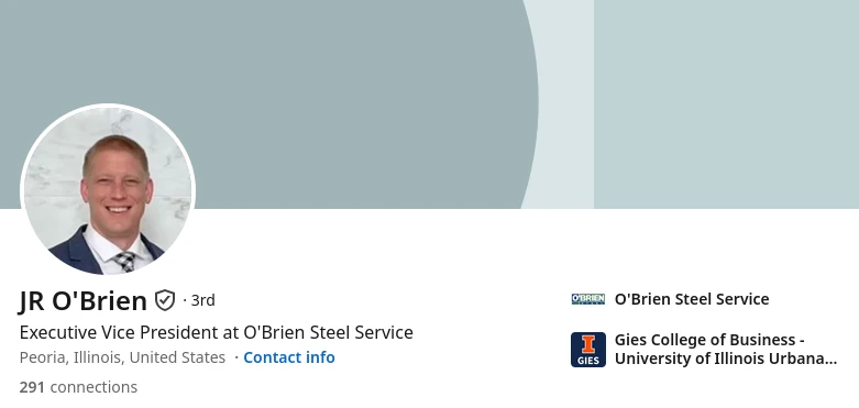 Jr O'Brien's LinkedIn page, showing that he is Executive Vice President at O'Brien Steel.